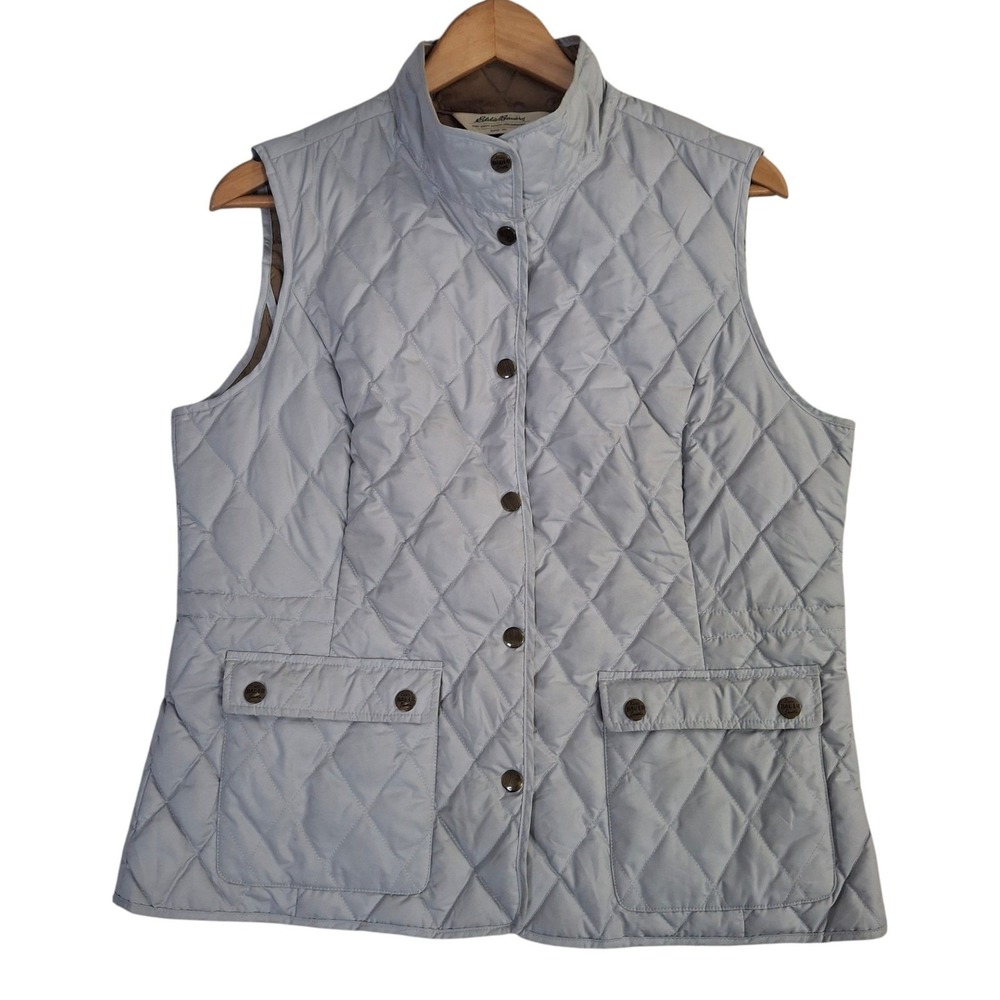 Eddie Bauer Womens Quilted Goose Down Vest Large Gray Snap Pockets Lightweight